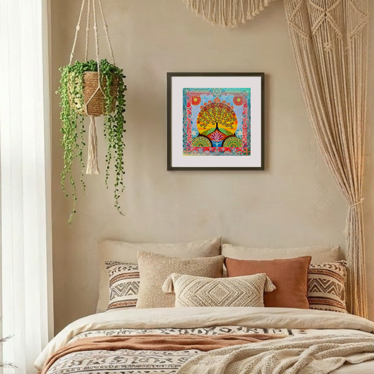 Decorative bedroom with a bed, pillows, and wall art.