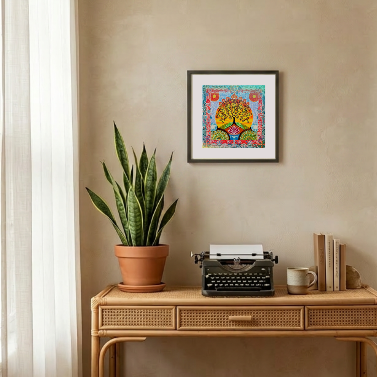 Decorative setup with a potted plant, typewriter, and framed artwork on a wooden console table.