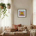 Cozy living room with a colorful abstract painting on the wall, patterned cushions, and a wooden bench.