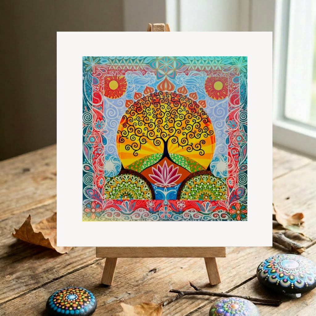 Colourful abstract artwork on a small easel with decorative stones on a wooden surface.