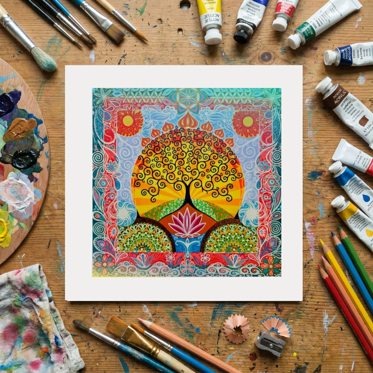 Colourful abstract artwork on a wooden surface with art supplies