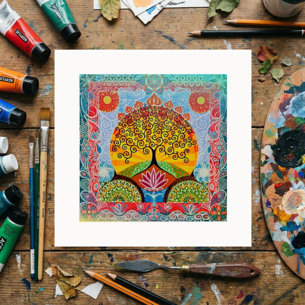 Colourful artwork of a tree on a wooden surface with art supplies.