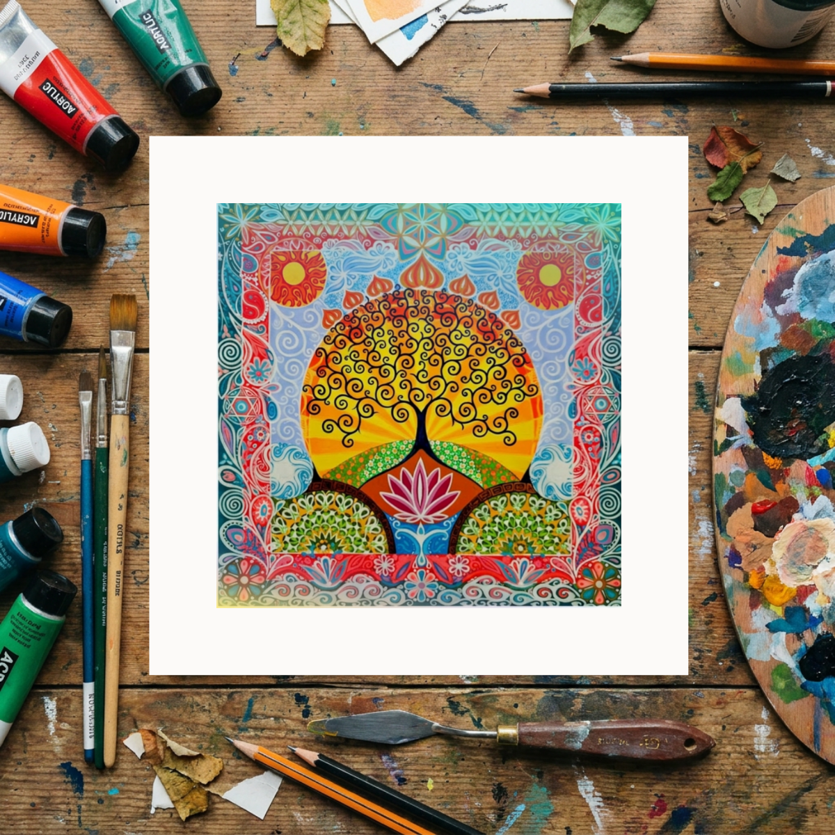 Colourful artwork of a tree on a wooden surface with art supplies.