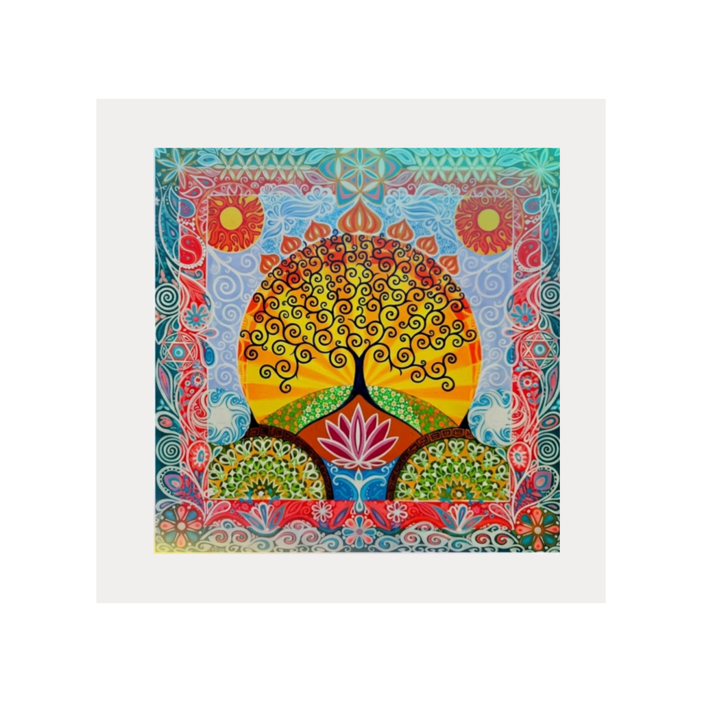Colourful abstract artwork with a tree and lotus flower on a white background