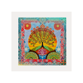 Colourful abstract artwork with a tree and lotus flower on a white background
