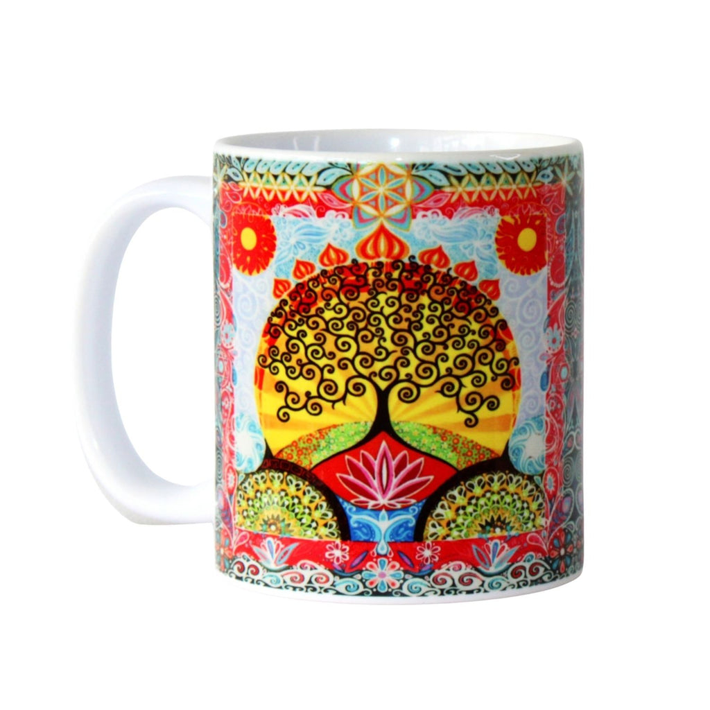 Colourful mug with a tree of life design on a white background