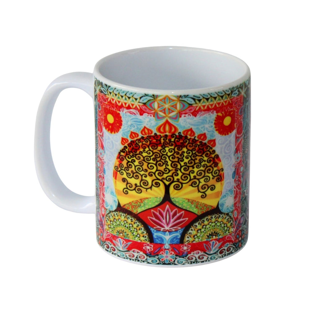 Colourful mug with a tree of life and lotus flower  design on a white background
