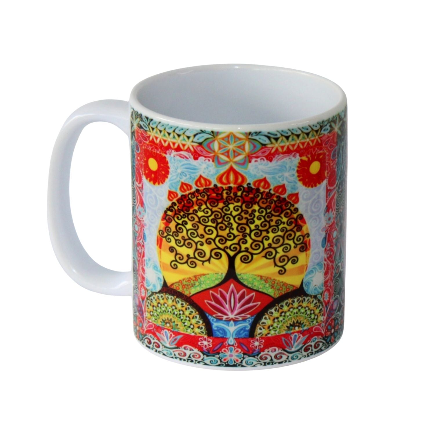 Colourful mug with a tree of life and lotus flower  design on a white background