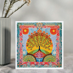 Colorful abstract art print with a tree and lotus flower on a gray surface.