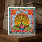 Colourful tree of life artwork on a wooden surface with a clock in the background