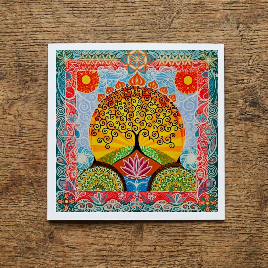 Colourful tree of life design on a wooden surface