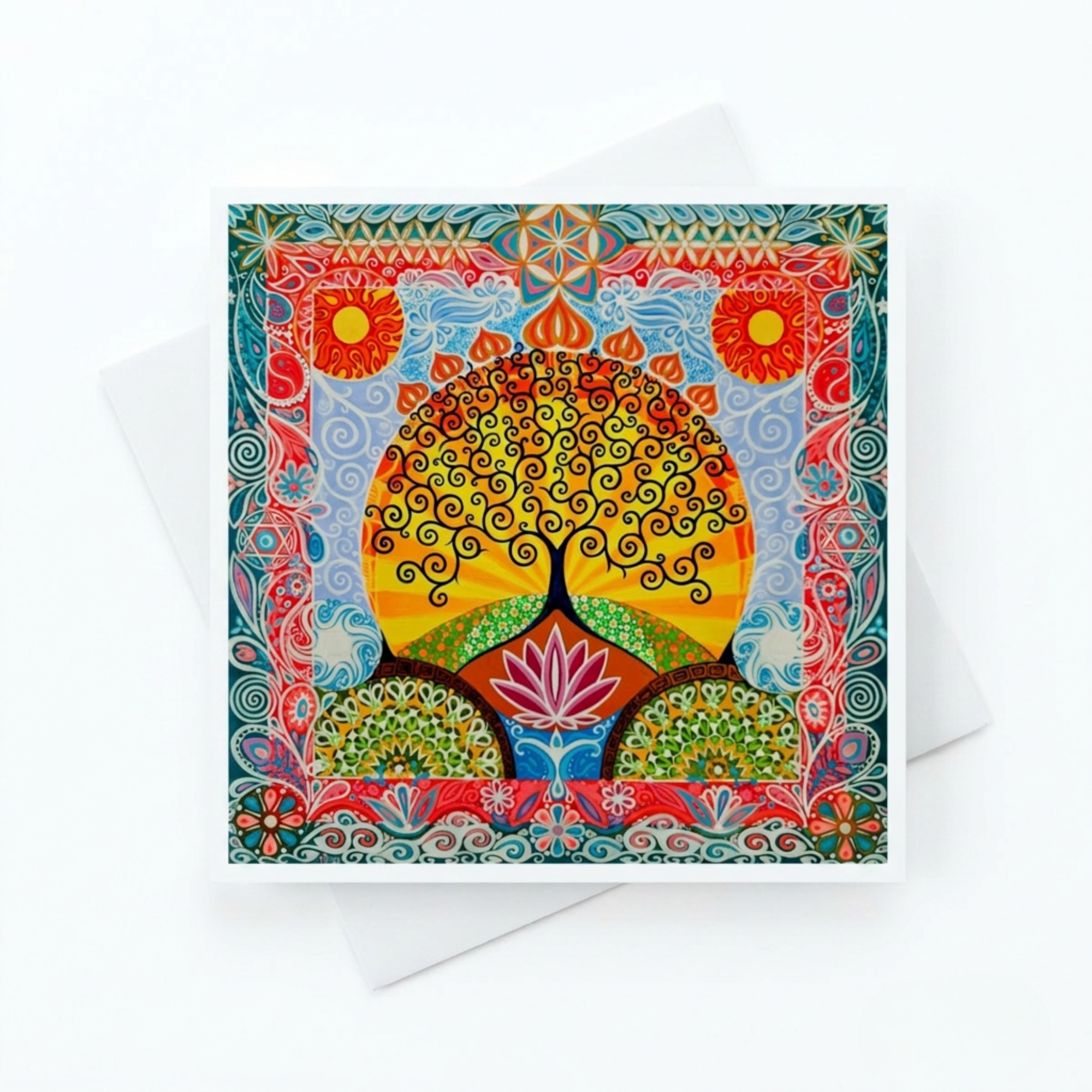 Colourful greeting card with a tree of life mandala design on a white background