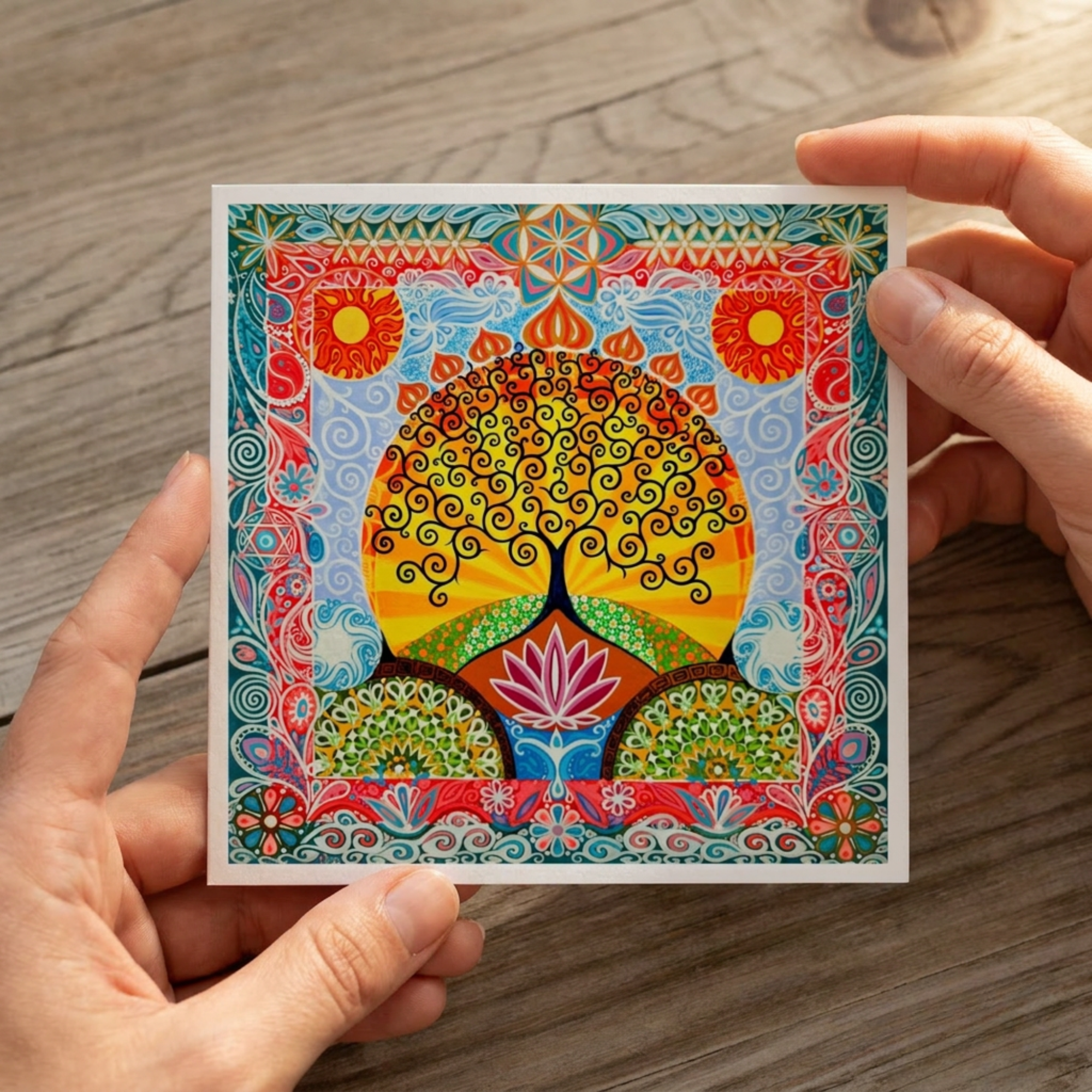 Colourful artwork of a tree with abstract patterns held by hands on a wooden surface