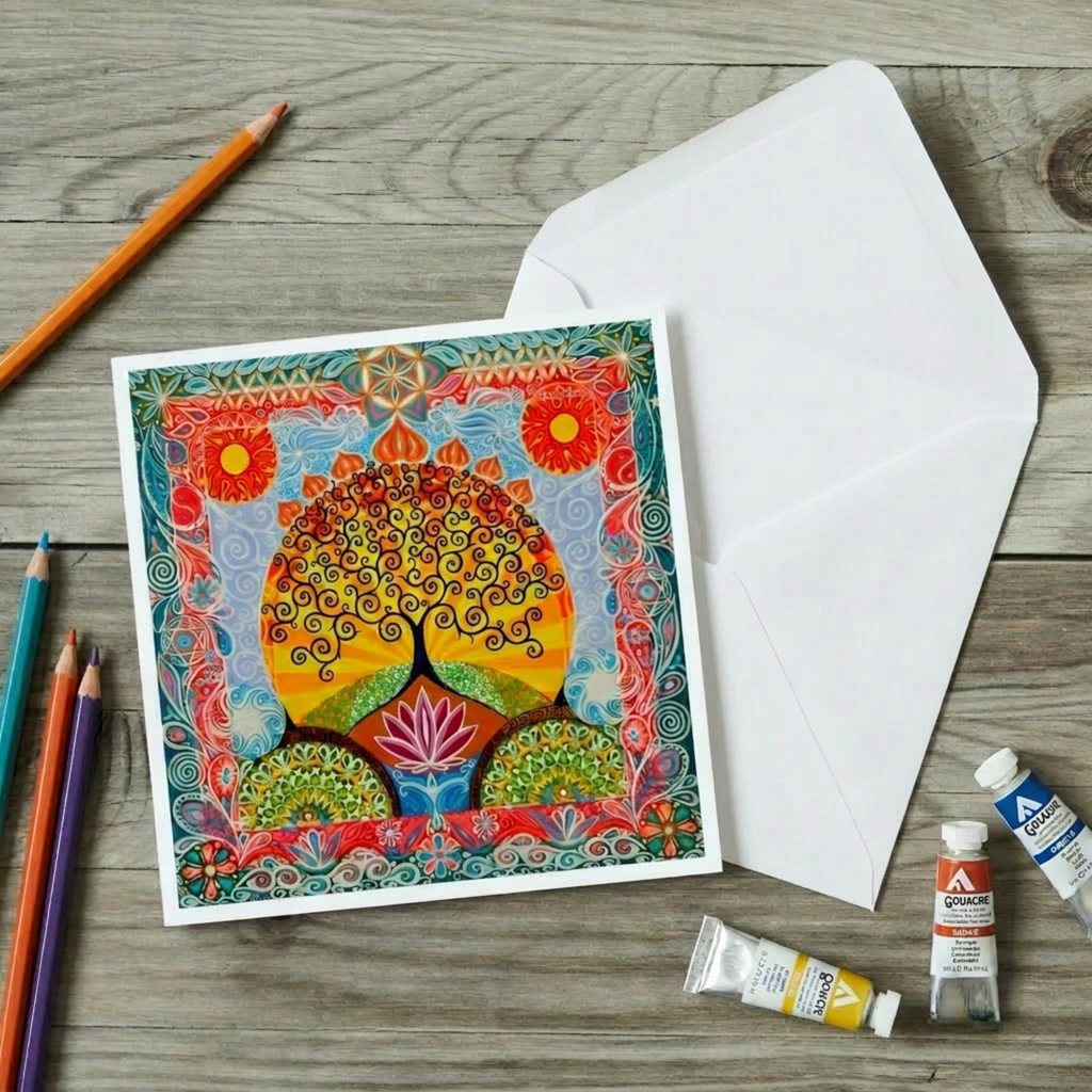 Colourful artwork on a card with an envelope and art supplies on a wooden surface