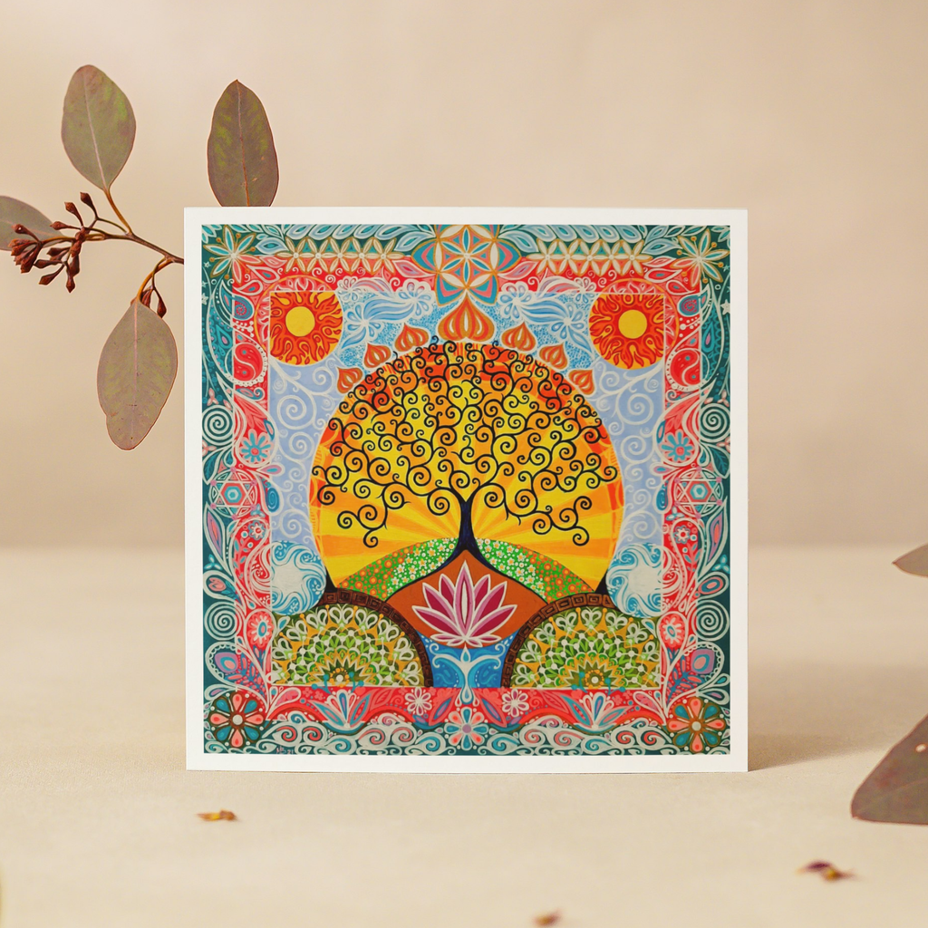 Colorful abstract art print with a tree design on a beige background