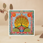 Colorful abstract art print with a tree design on a beige background