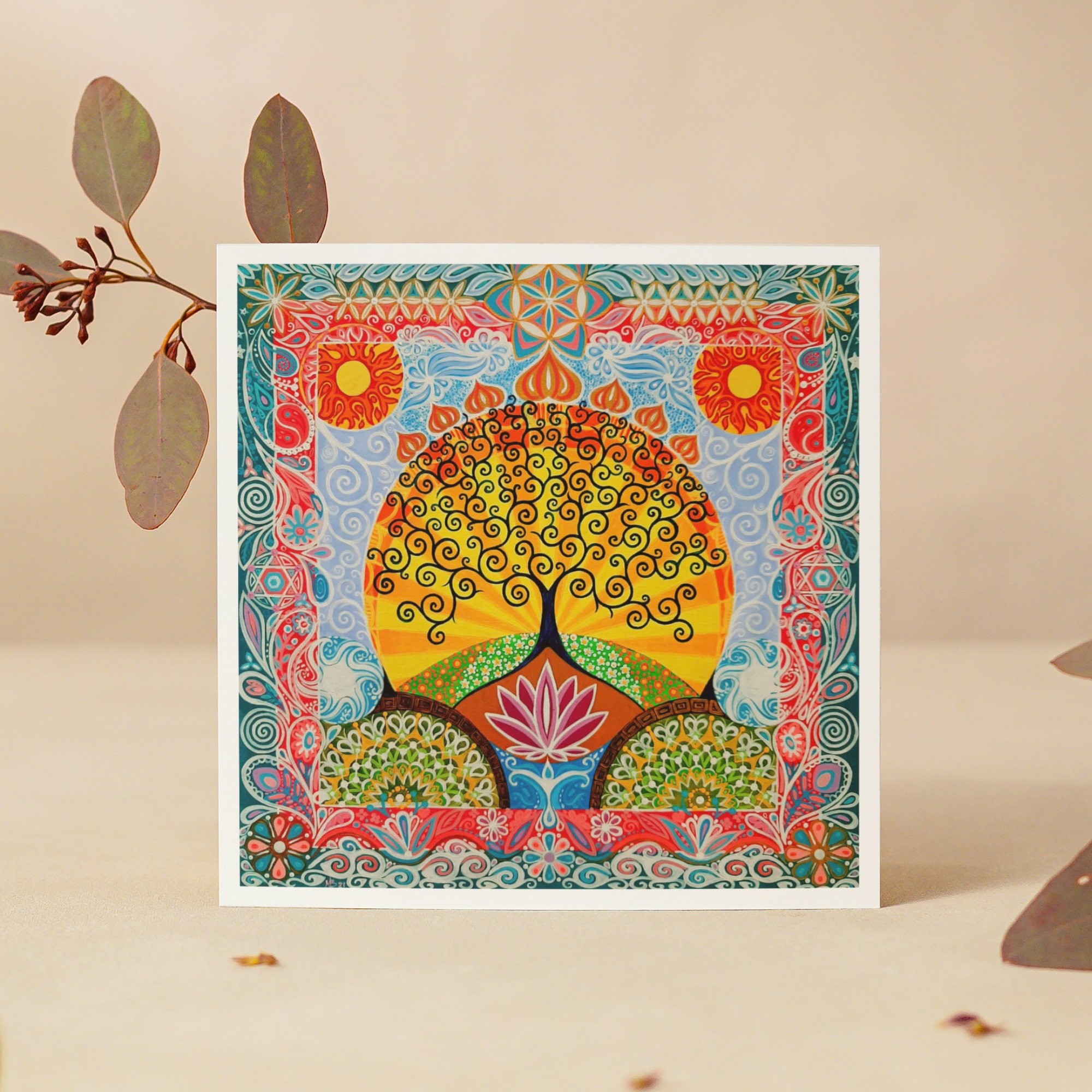Colorful abstract art print with a tree design on a beige background