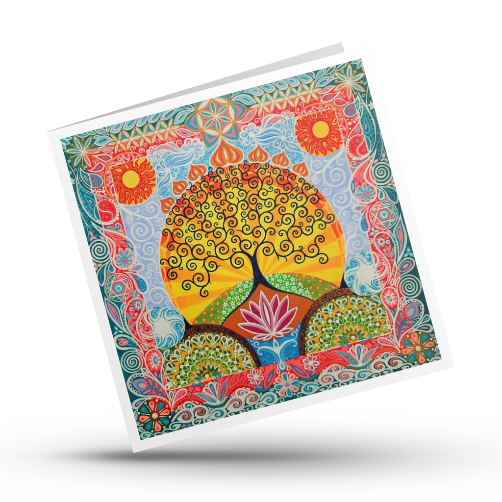 Colorful greeting card with a tree of life design on a white background
