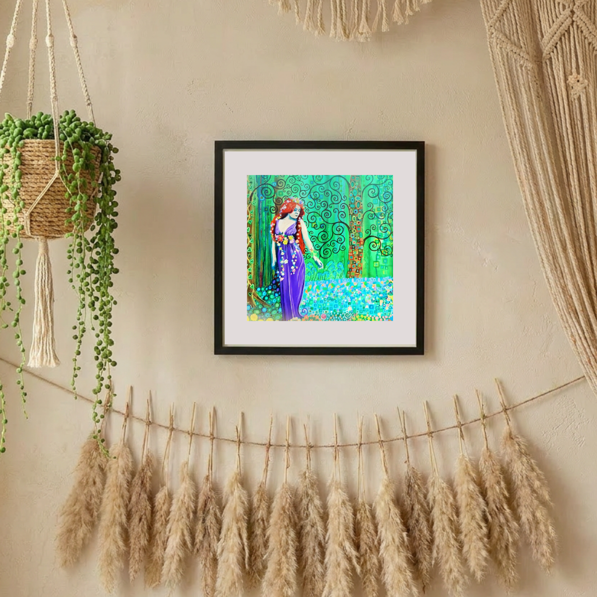 Framed artwork of a woman in a garden on a wall with decorative elements.