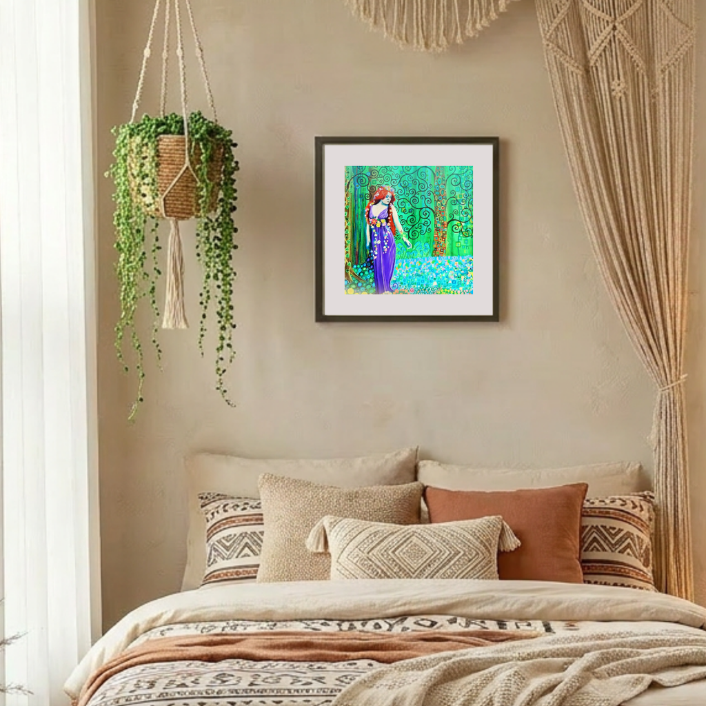 Red haired woman in the woods with a luna moth wall art in a boho bedroom seeting
