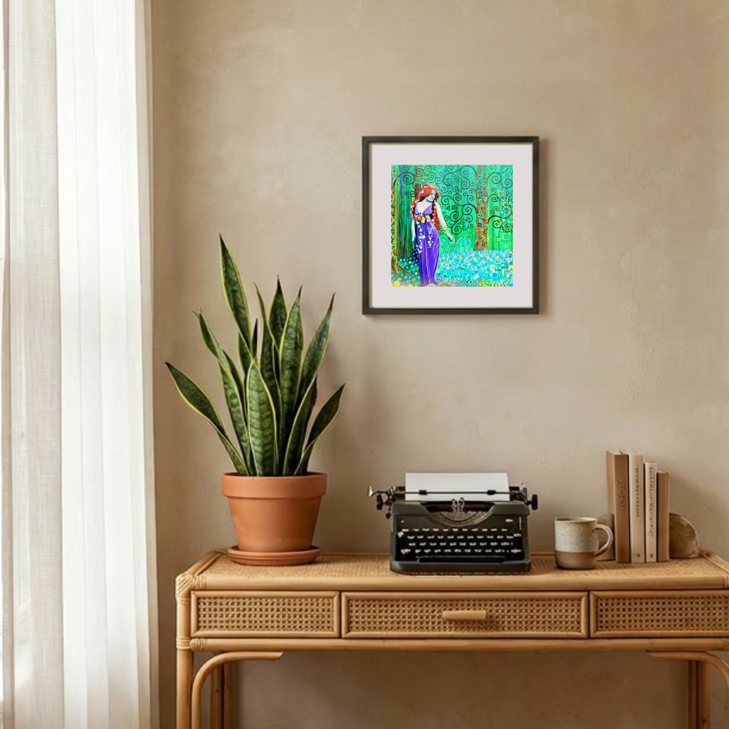 Decorative setup with a potted plant, typewriter, and framed artwork on a beige wall.