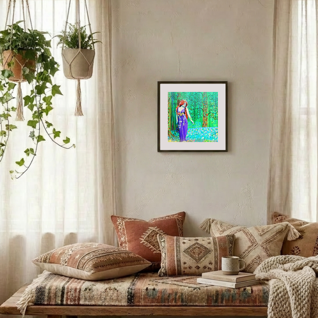 Cozy living room with patterned pillows, a coffee cup, and a framed painting on the wall.