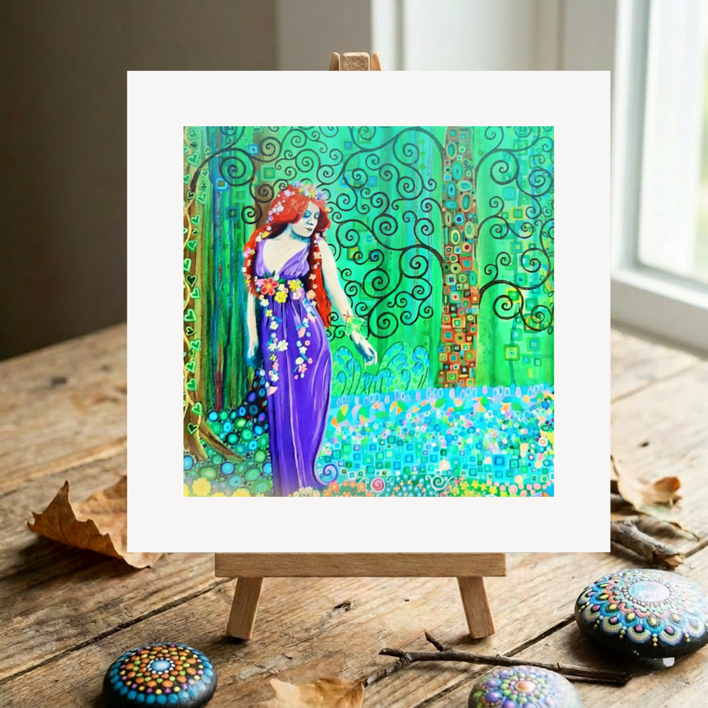 Colourful artwork of a woman in a purple dress on an easel with decorative stones and twigs on a wooden surface.