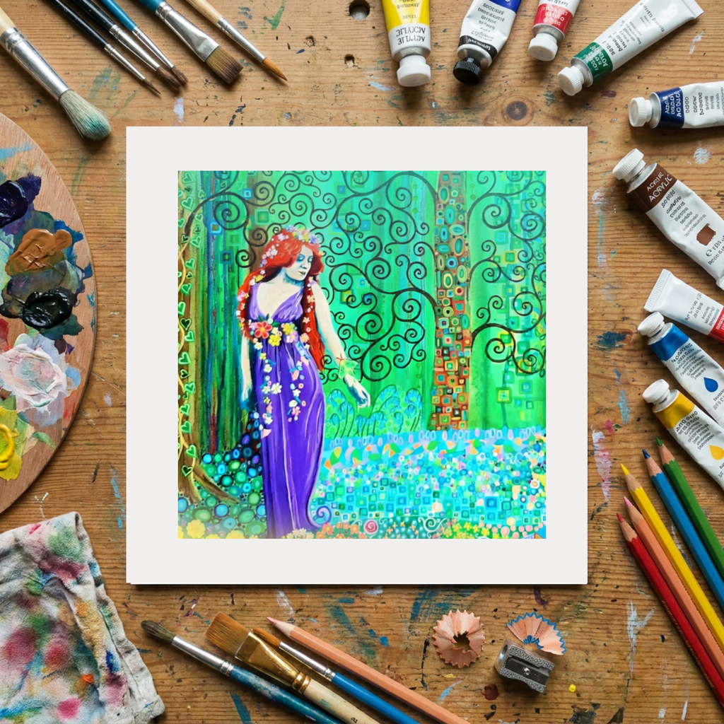 Colourful painting of a woman in a garden on a wooden surface with art supplies.