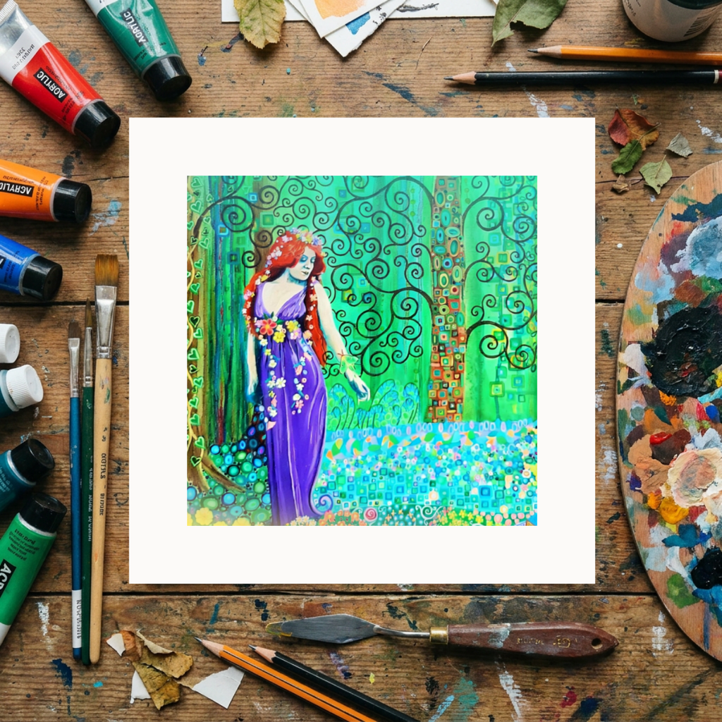 Colourful painting of a woman in a garden with art supplies on a wooden table