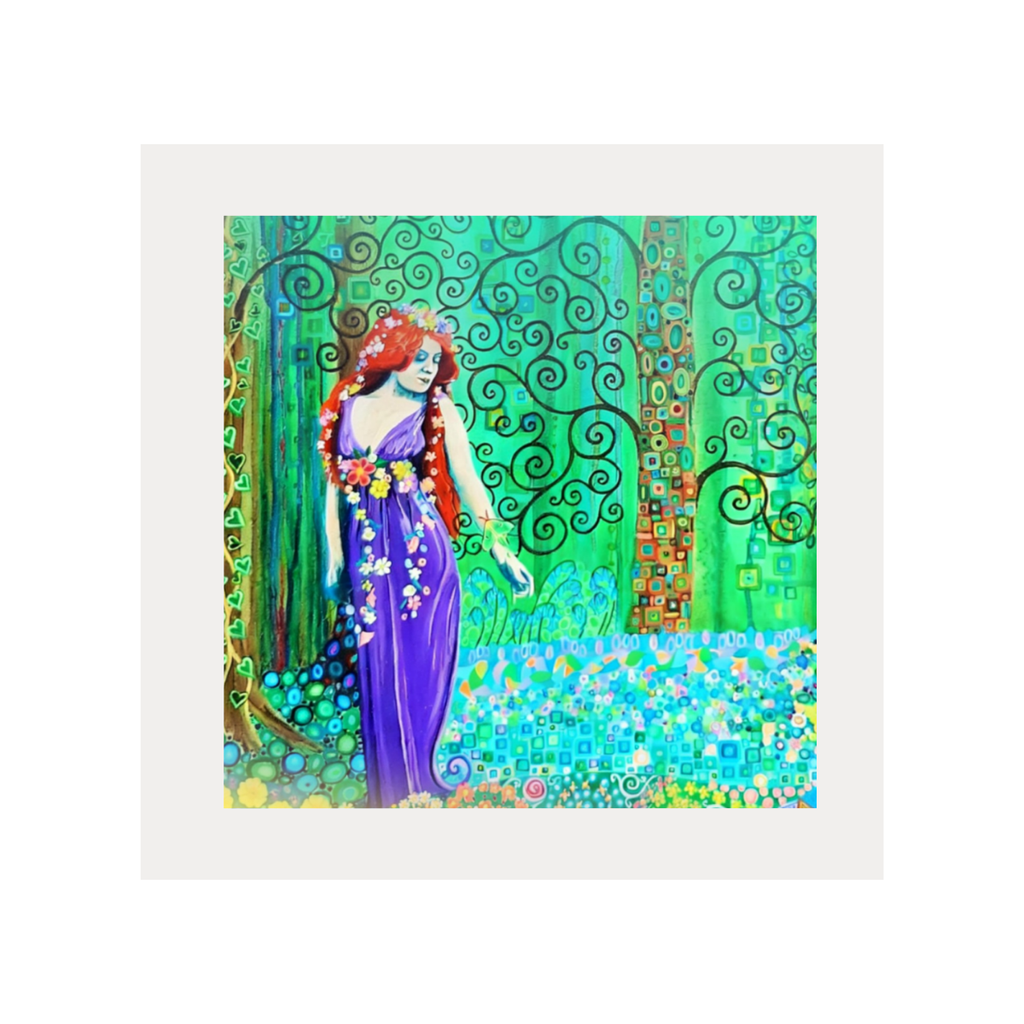 Colourful artwork of a woman in a purple dress with floral hair, surrounded by greenery and abstract patterns.