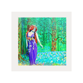 Colourful artwork of a woman in a purple dress with floral hair, surrounded by greenery and abstract patterns.