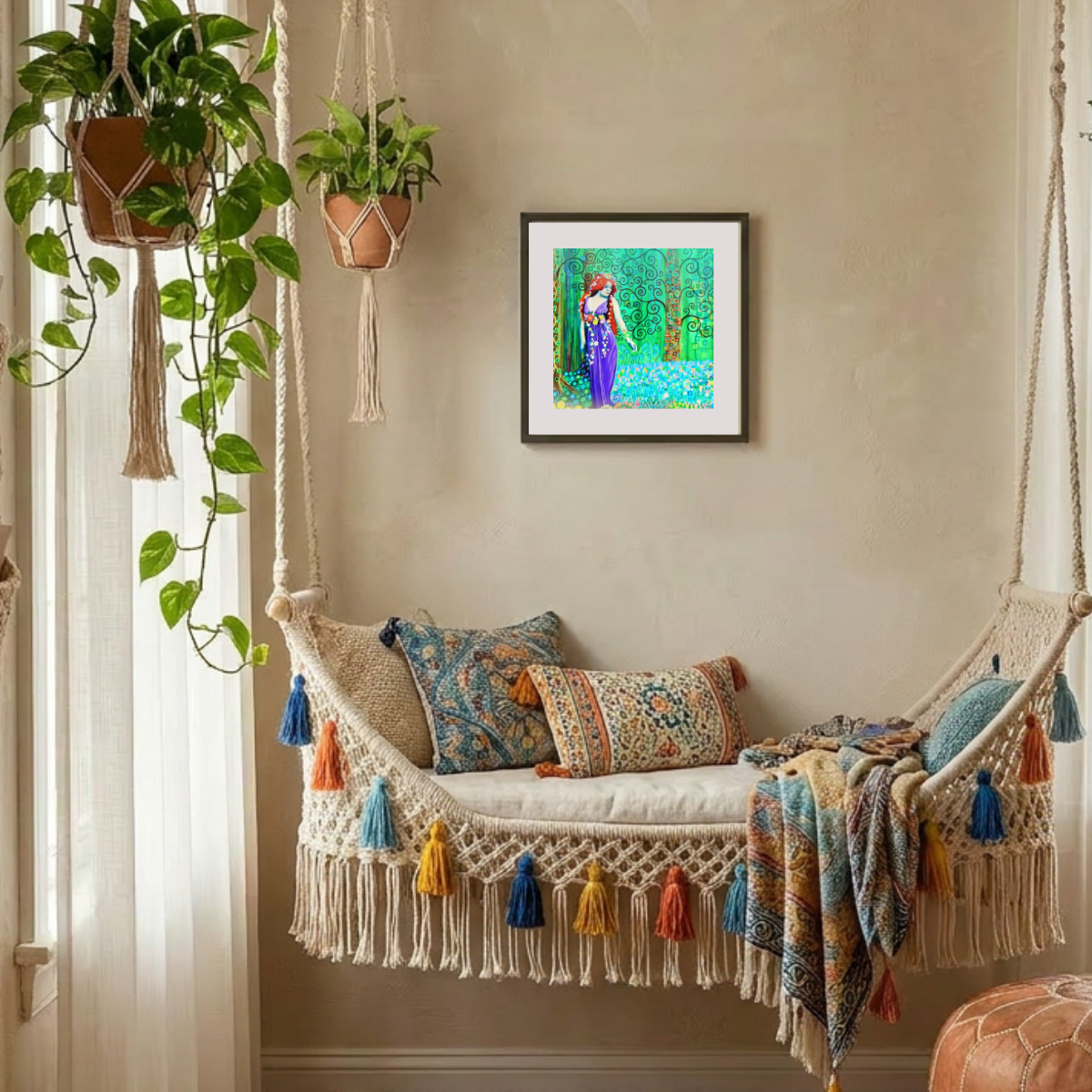 Decorative indoor swing with colourful tassels, cushions, and a framed painting on the wall.