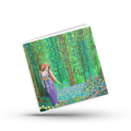 Colourful artwork of a woman in a garden with swirling trees and a Luna moth on her wrist by Mark Betson Artist on a white background