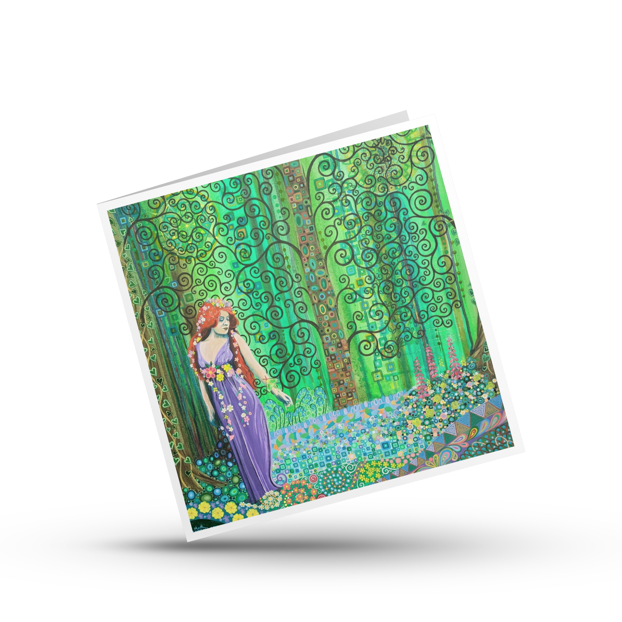 Colourful artwork of a woman in a garden with swirling trees and a Luna moth on her wrist by Mark Betson Artist on a white background