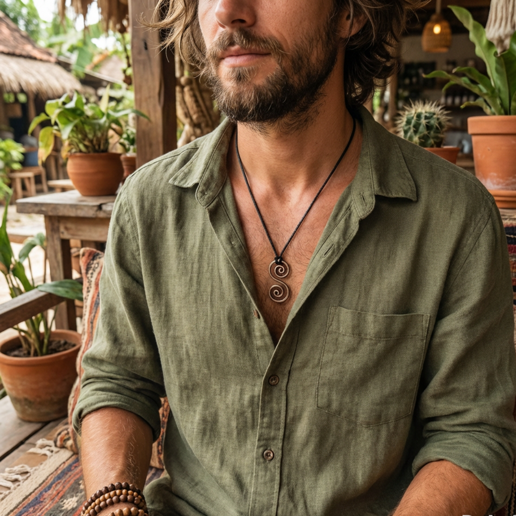 Male model wearing a green shirt and a Celtic S shaped spiral copper pendant necklace on a black cord