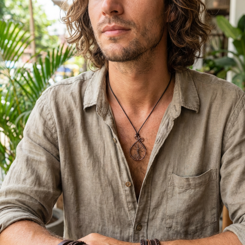 Man wearing a beige shirt with a necklace featuring a tree pendant, outdoors.