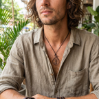 Man wearing a beige shirt with a necklace featuring a tree pendant, outdoors.