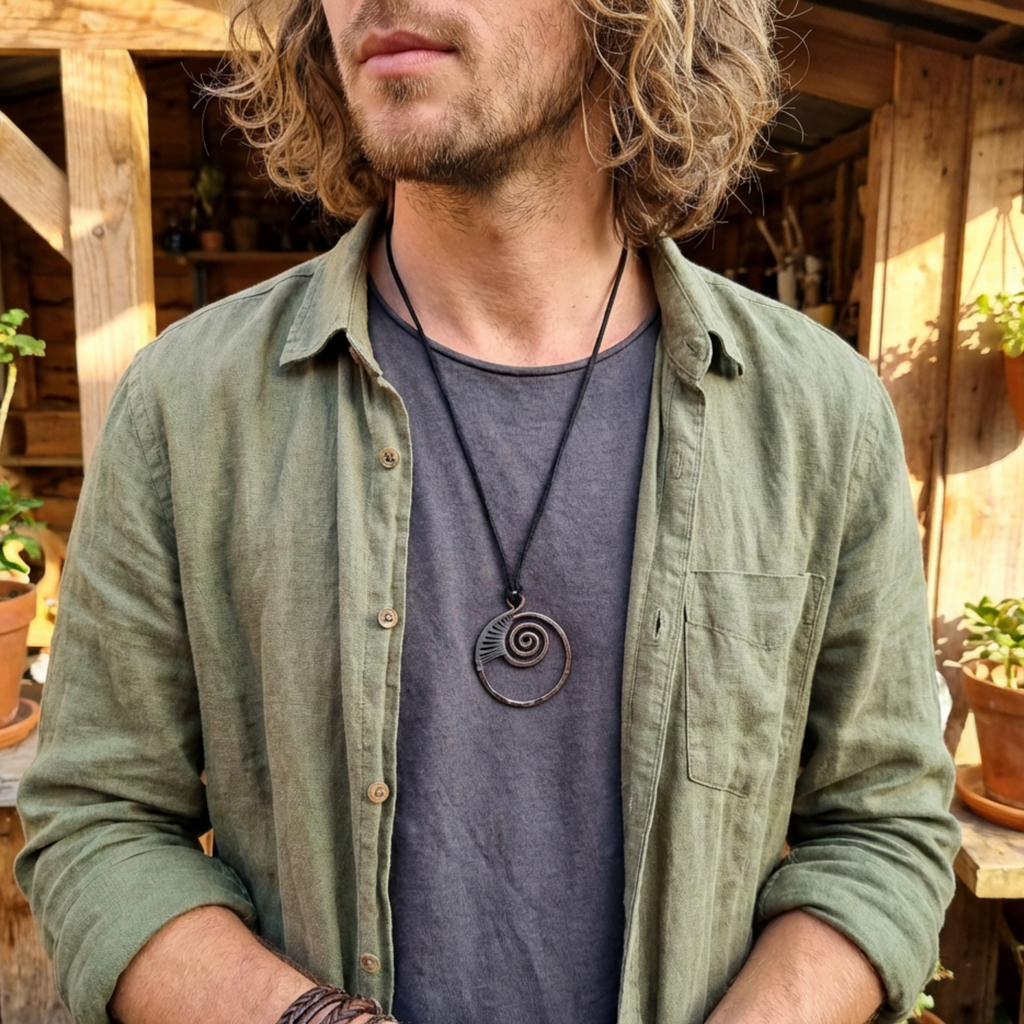 Male model wearing a green shirt and grey t shirt with a copper spiral pendant shaped like an ammonite on a black adjustable cord