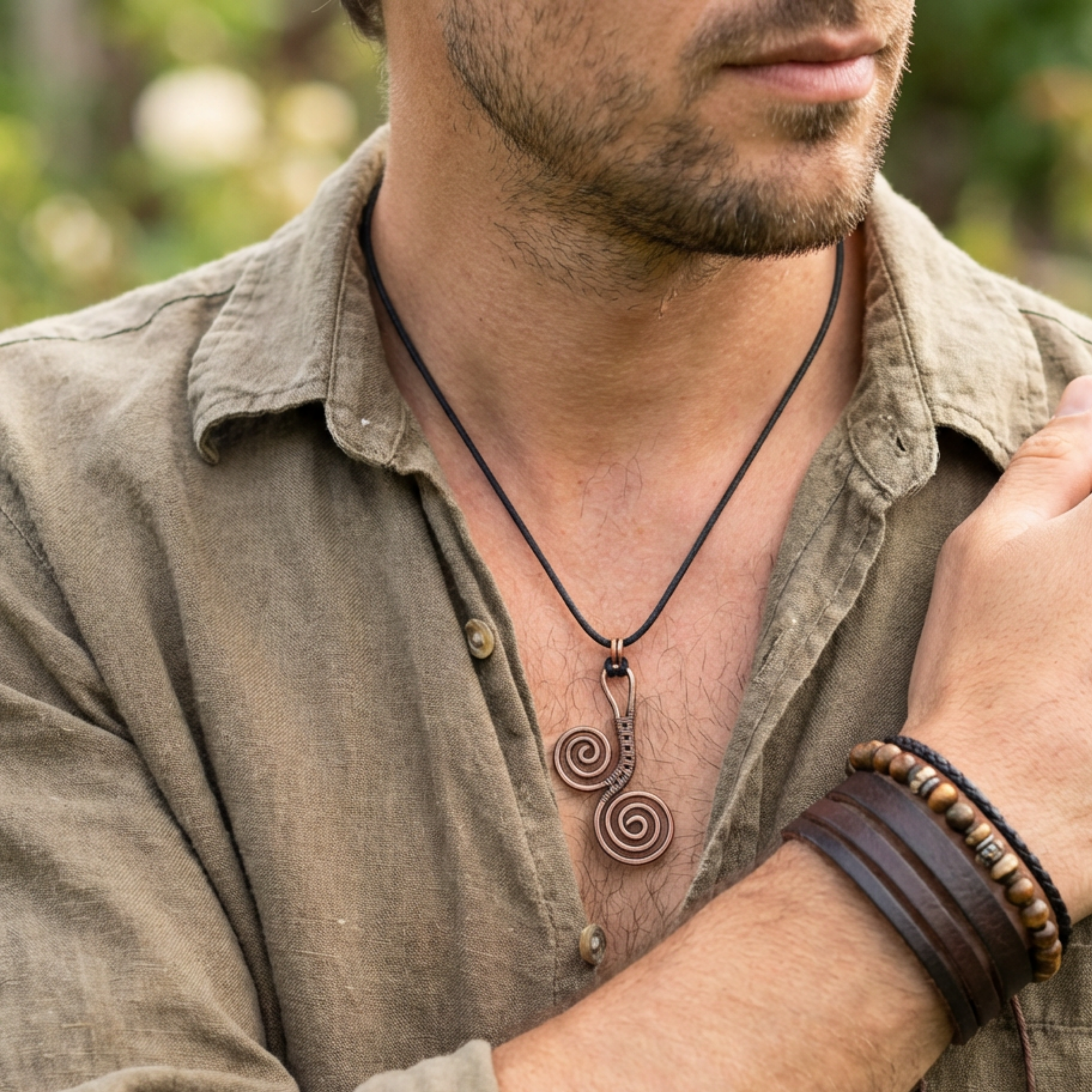 Man wearing a necklace with a spiral scroll pendant on black cord outdoors