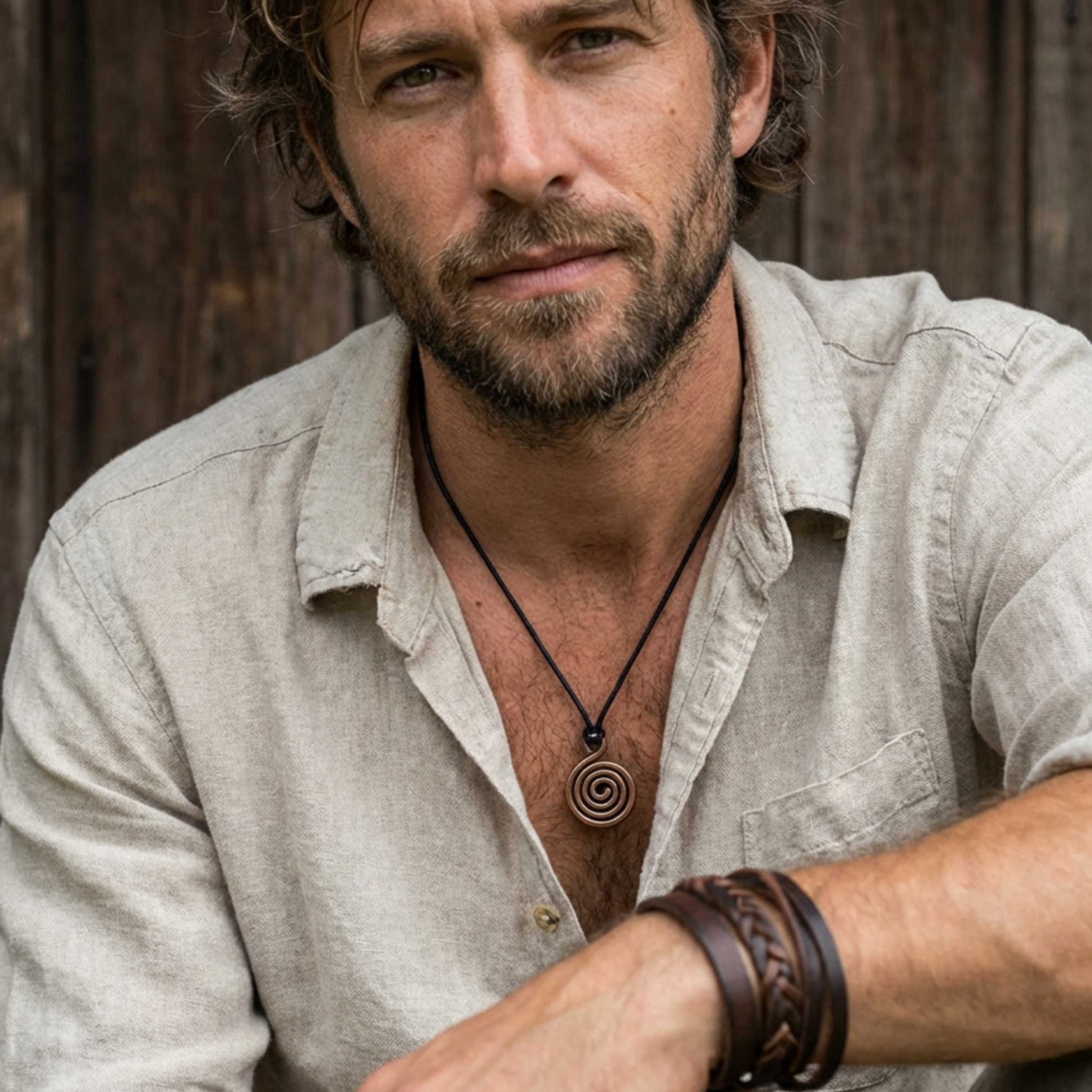 Man wearing a light-colored shirt with a copper spiral pendant necklace  sitting against a wooden background.