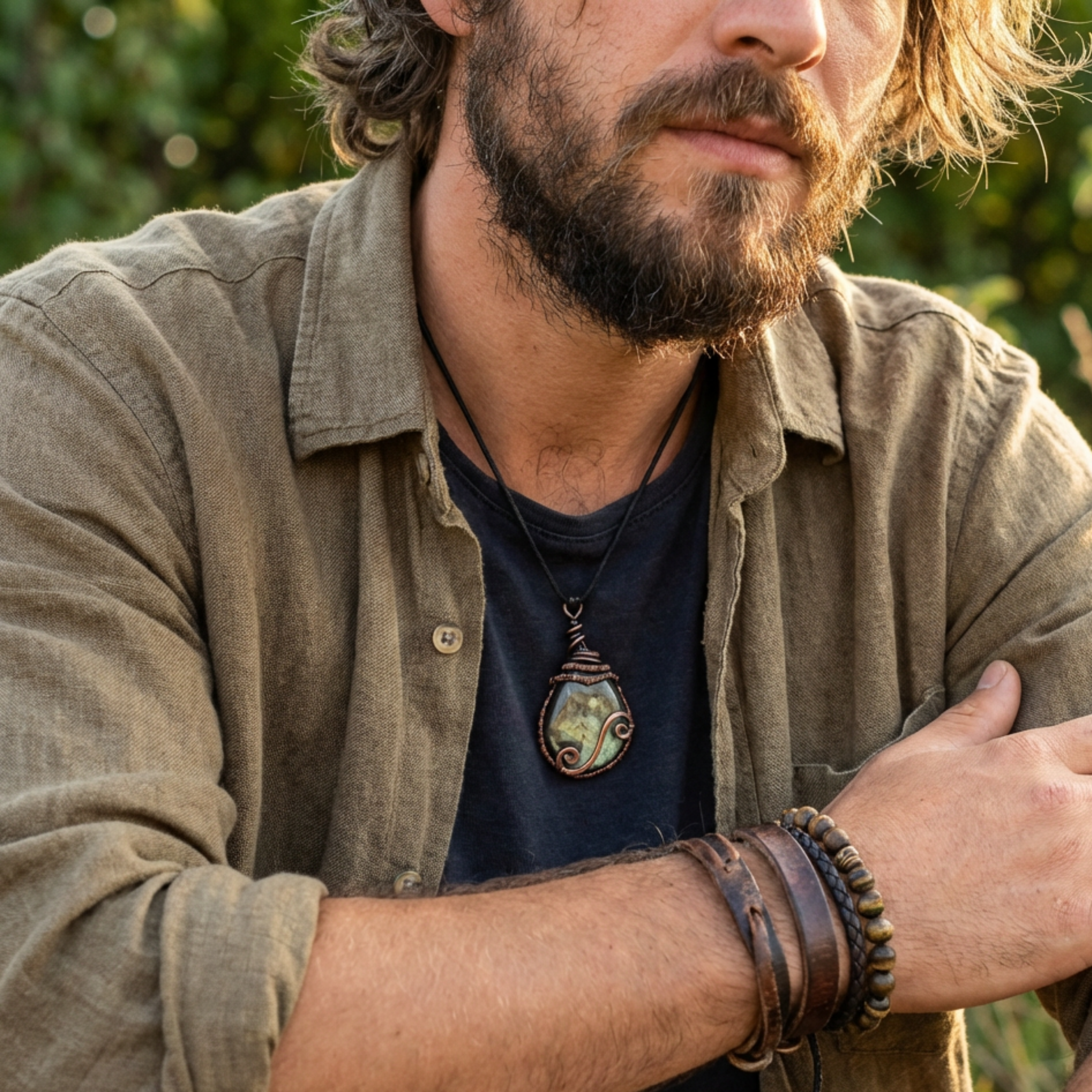 Man wearing a necklace with a large labradorite pendant with copper wire wrapping and multiple bracelets, outdoors.