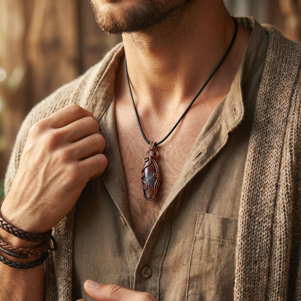 Man wearing a necklace with a pendant, surrounded by nature.