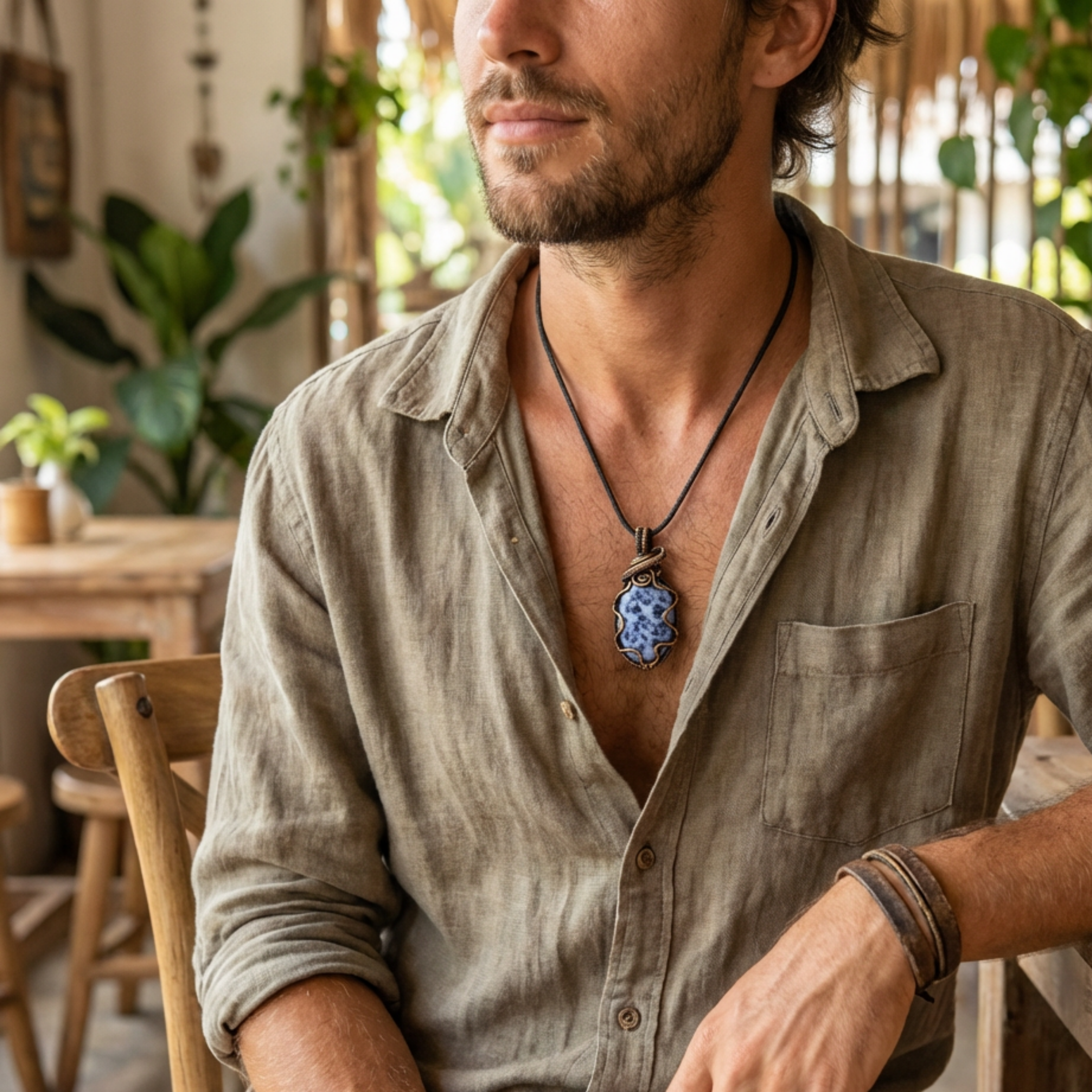 Man wearing a beige shirt with a copper wire wrapped Sodalite gemstone necklace, sitting in a casual setting with plants and wooden furniture.
