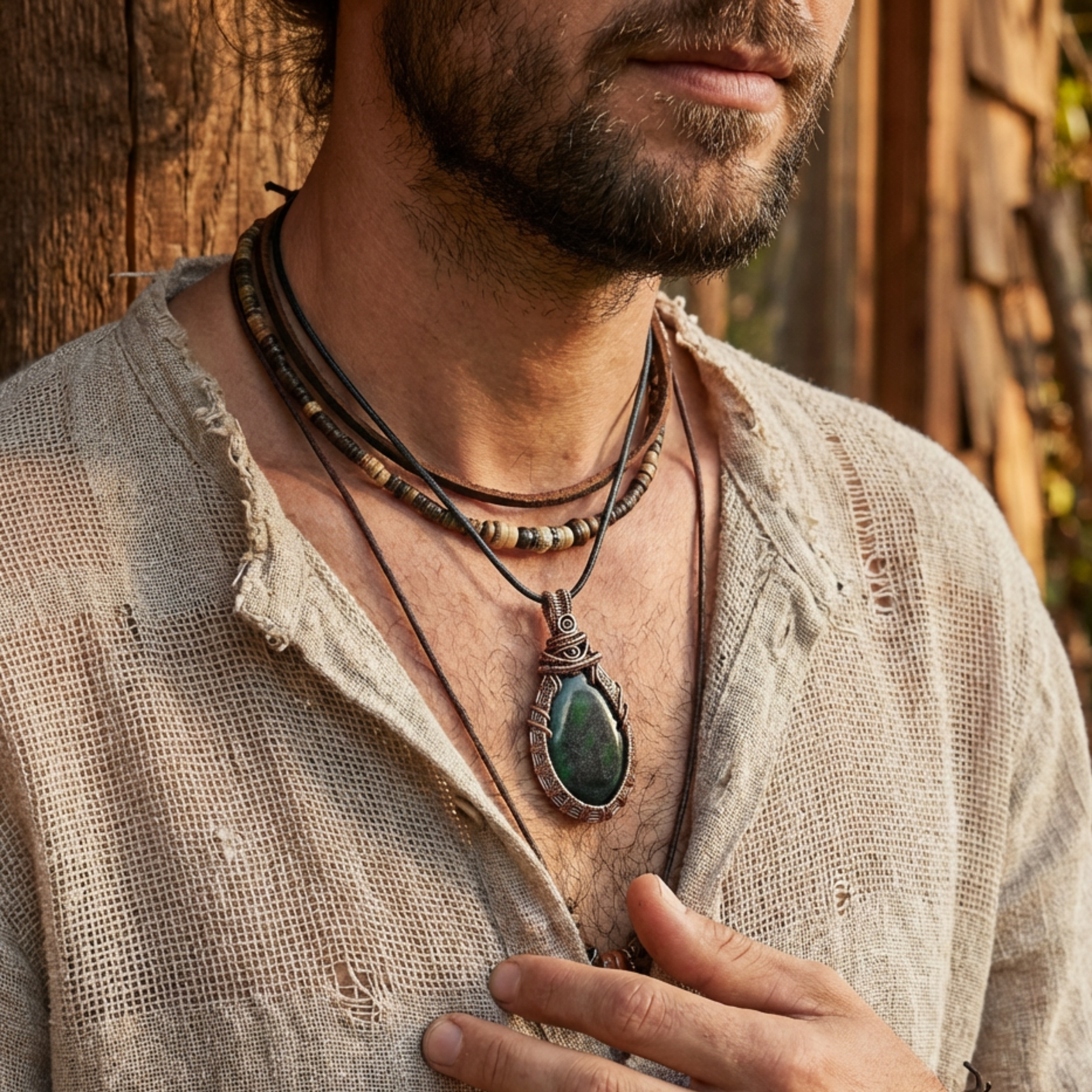 Man wearing a necklace with a green pendant in a rustic setting