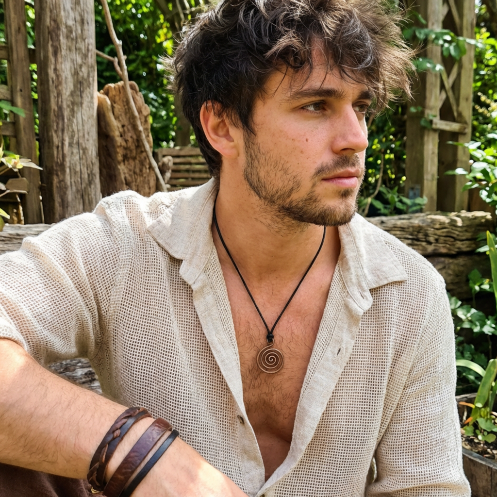 Man wearing a white shirt with rolled-up sleeves and a copper spiral pendant on a black cord, sitting outdoors with greenery in the background
