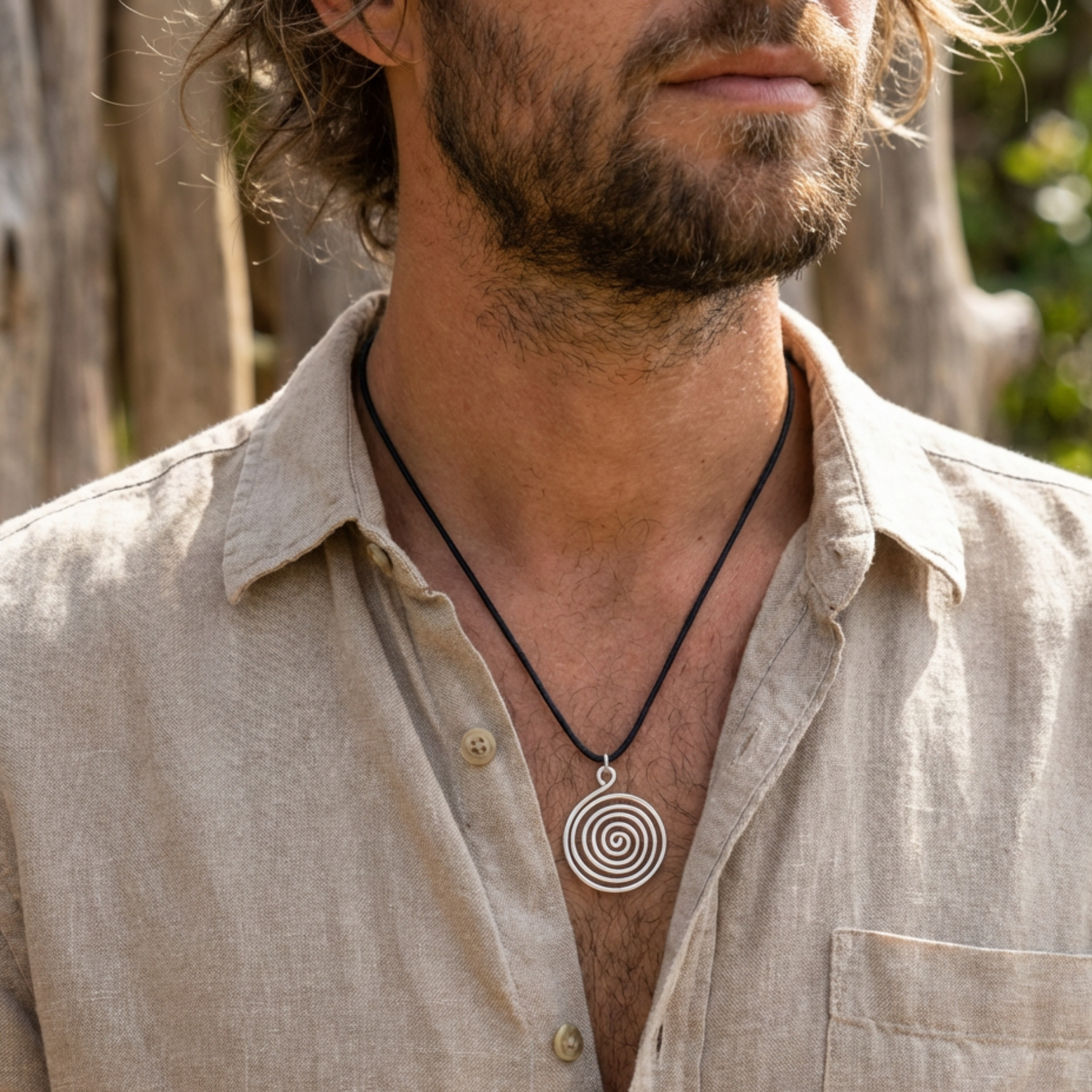 Man wearing a beige shirt with a spiral pendant necklace outdoors