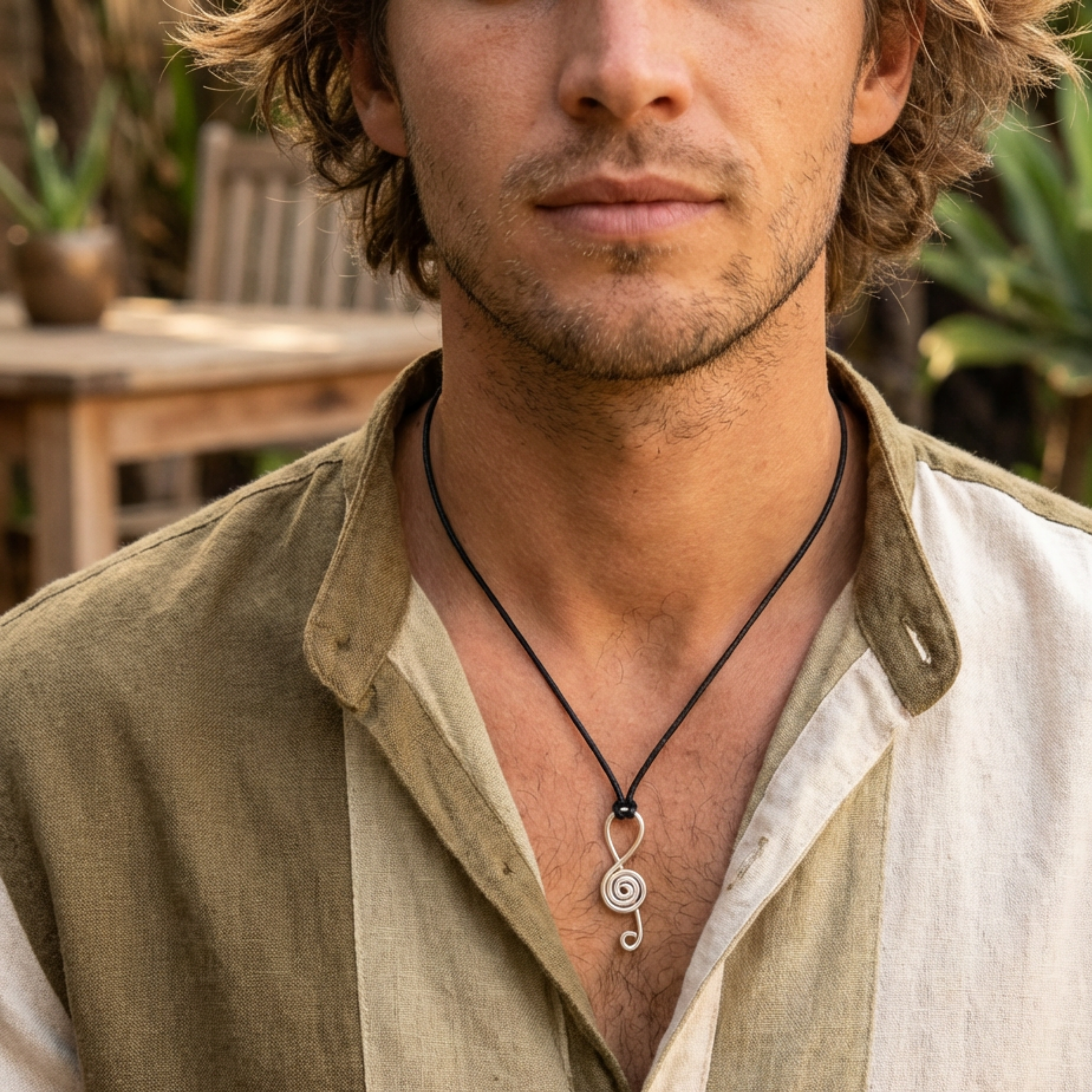 Man wearing a necklace with a spiral pendant outdoors