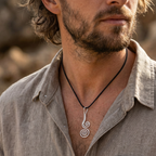 Man wearing a spiral pendant necklace with a neutral background