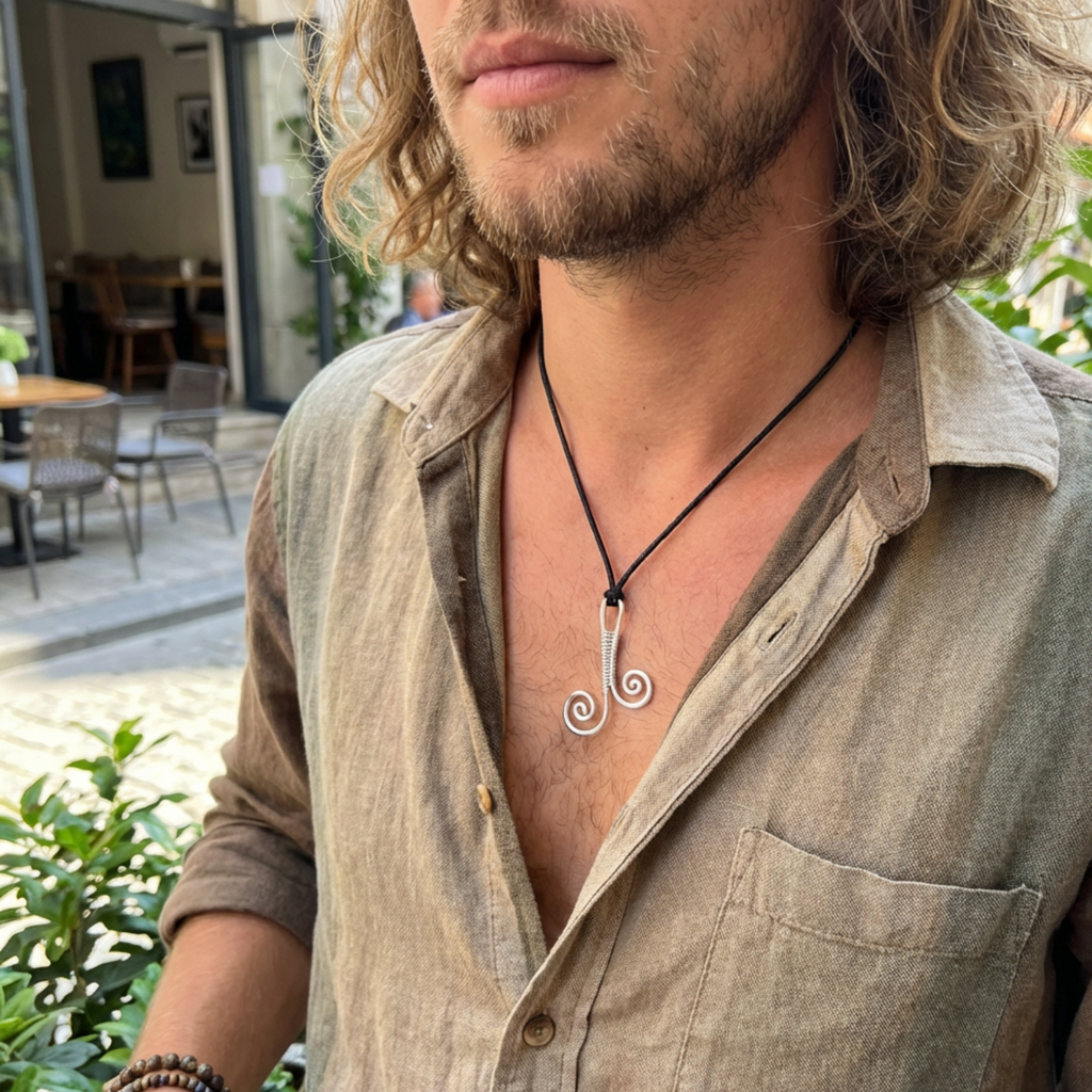 Man wearing a necklace with a unique pendant outdoors