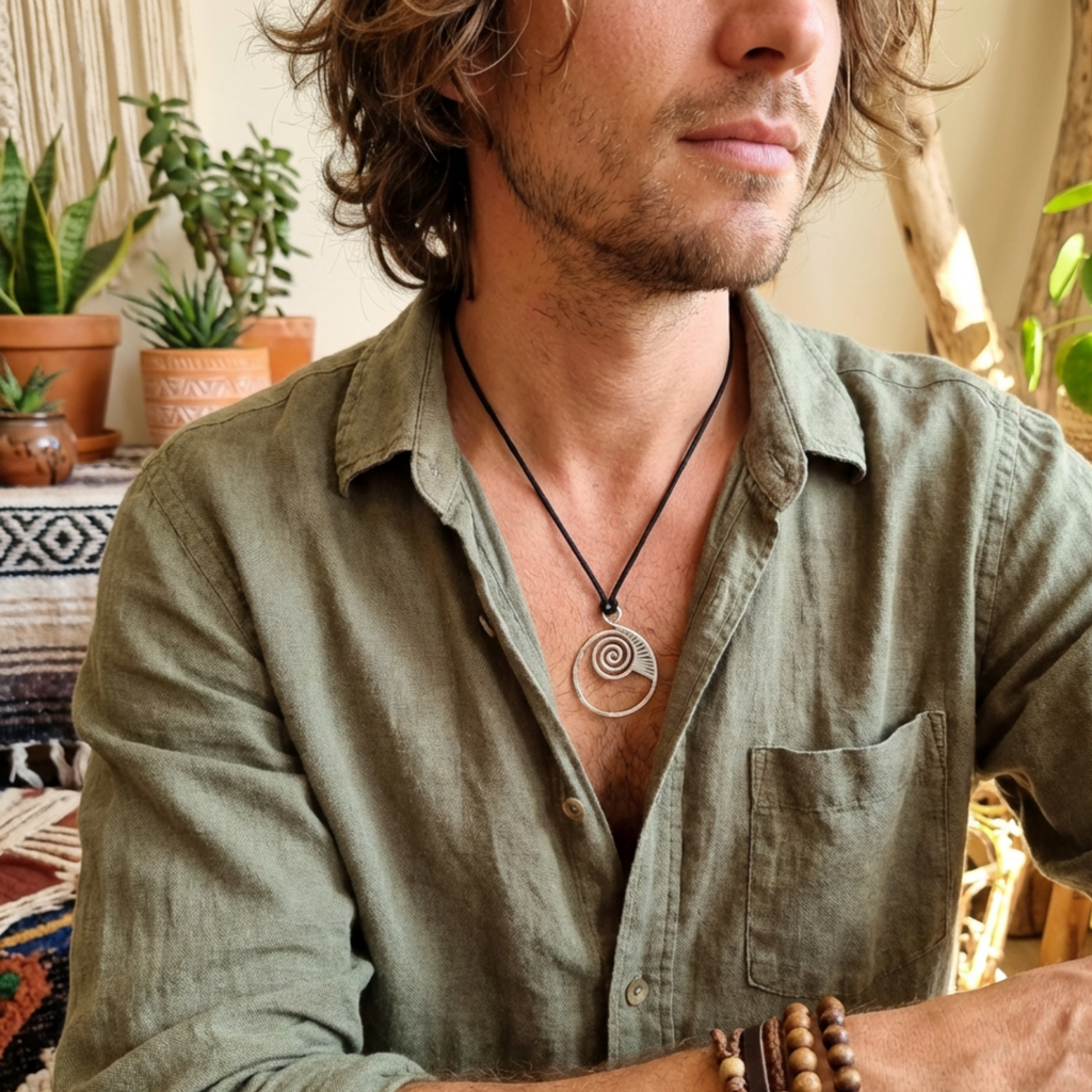 Man wearing a green shirt with a necklace featuring a spiral fossil pendant, surrounded by plants.